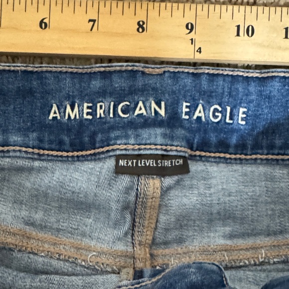 American Eagle Super Hi-Rise Flare Jeans Blue Women's Patch Pockets size 16 Boho - Picture 3 of 7